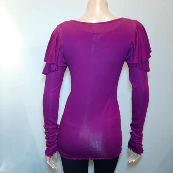 NEW We The Free On Rewind Ruffled Long Sleeve Top Berry Ribbed Fitted Purple - Picture 11 of 16